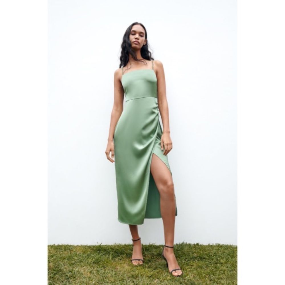 Zara Green Satin Midi Dress